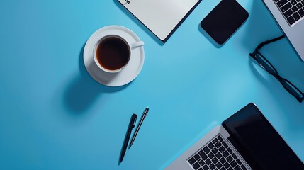 Minimal work space  Creative flat lay photo of workspace desk Top view office desk with laptop notebooks and coffee cup on blue color background Top view with copy space flat lay photo : Generative AI