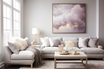 Serene Cloud Artwork and Soft Grey Sofa: Ethereal Living Room Design