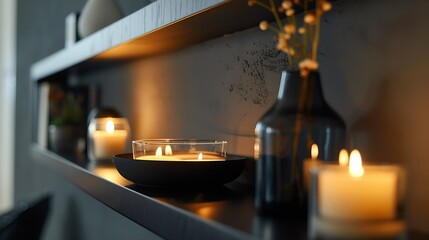 black shelf with vaseframe and candles : Generative AI