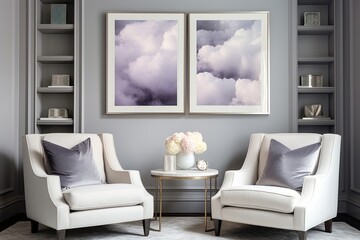 Ethereal Cloud Living Room: Soft Grey Armchairs & Cumulus Wall Art Design
