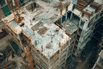 Drone flying over a construction site, inspecting the progress