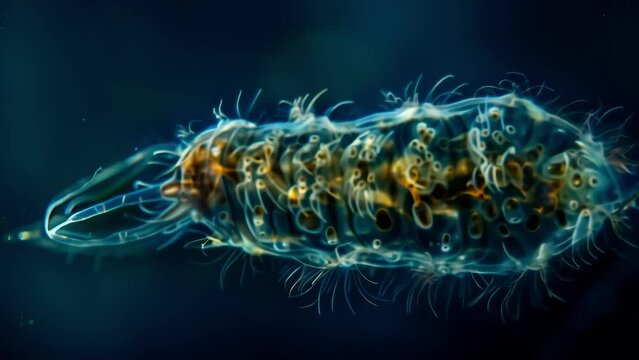 A microscopic view of a rotifer its body covered in cilia that move in a synchronized waving motion as the tiny creature swims through . AI generation.