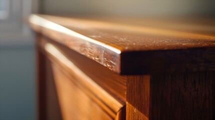 The top of a wooden cabinet of a bedside table an element of furniture trim and fittings shot closeup : Generative AI