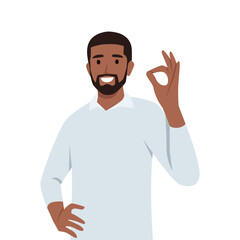 Fototapeta na wymiar Young man with Ok sign and gesture language concept. Flat vector illustration isolated on white background