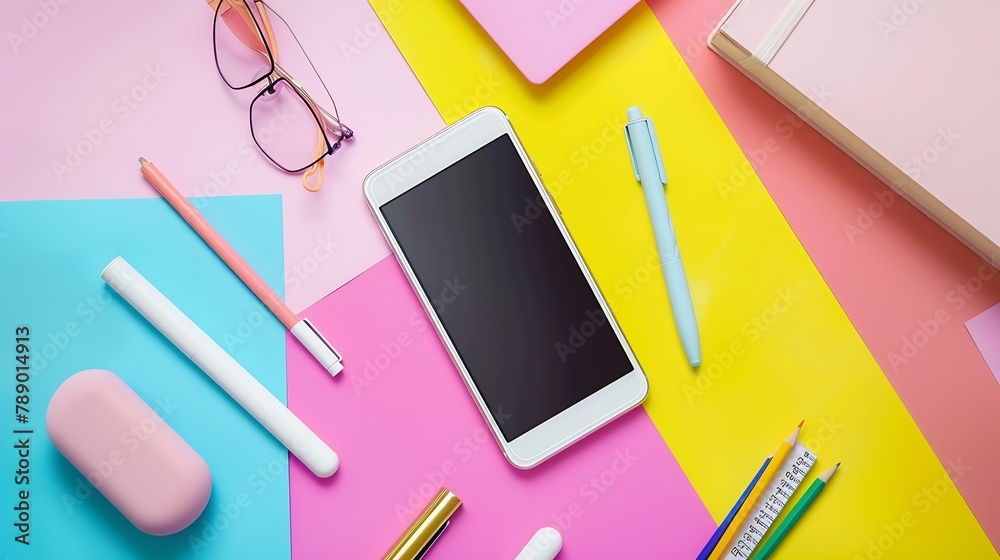 Aufkleber Mock up smartphone and office accessories on colorful background with copy spaceview from above : Generative AI