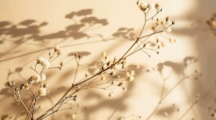 Dry plant branches and sunlight shadows on beige background Minimal floral card Poster : Generative AI