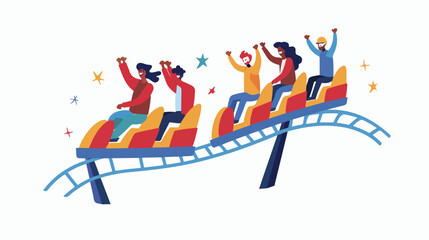 Team of happy coworkers riding roller coaster. Concept - obrazy, fototapety, plakaty