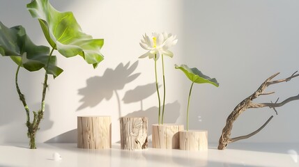 Front view of some lotus flowers Nelumbo nucifera standing beside wooden podiums and tree branch Concept of minimalism : Generative AI - obrazy, fototapety, plakaty