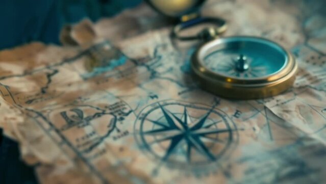 A closeup of a worn and weathered map marked with various nautical symbols and routes. A compass sits on top pointing towards the North and further knowledge.