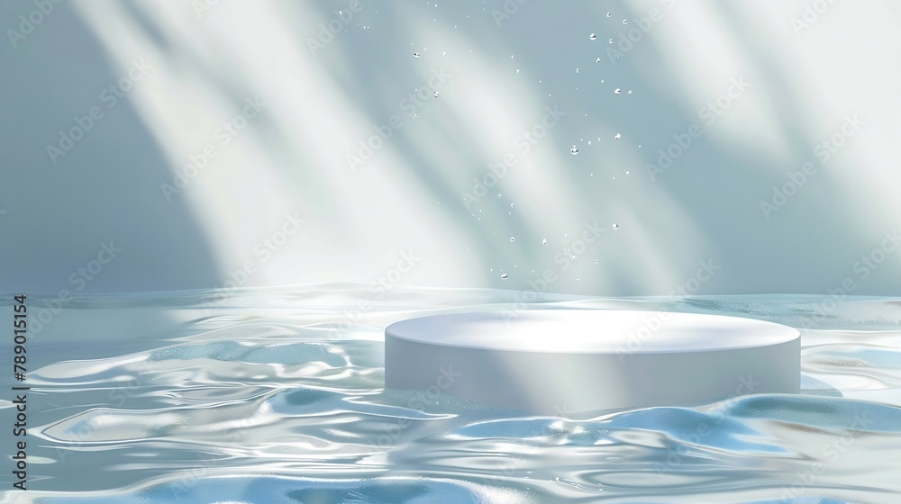 Aufkleber Empty white circle podium on transparent clear calm water texture with splashes and waves in sunlight Abstract nature background for product presentation Flat lay cosmetic mockup copy  : Generative AI