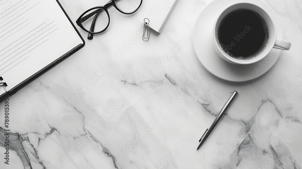 Poster business desk composition notebook pen glasses paperclip hot coffee on marble table modern workspace