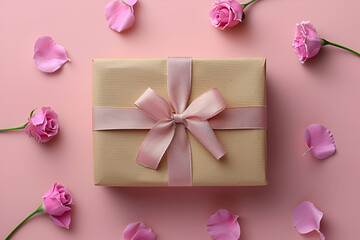 gift box with ribbon and rose,
Gift Box Wrapped in Craft Paper and Bow on Pink 
