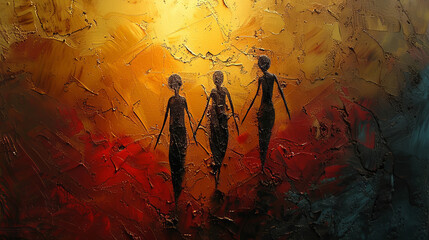 Tribal, painting and illustration of figures, art and African for traditional silhouettes. Creative, design and ethnic drawing with texture, indigenous or cultural storytelling or abstract history