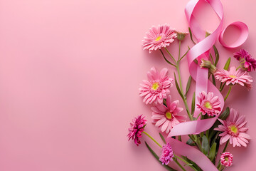 pink flowers in a vase, Pink ribbon in the shape of a eight on a pink background with flower bouquet. Womens day concept.