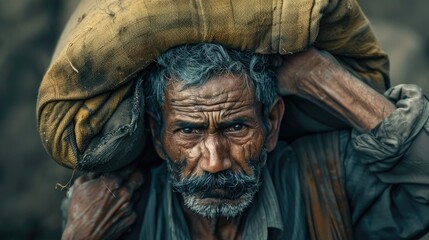 Witness the powerful image of a sturdy man bearing the weight of a heavy sack on his shoulders symbolizing diligence and perseverance in the face of poverty
