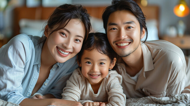 Happy Asian family laying on bed smile.