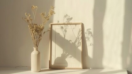 Mockup with a  frame and dry flowers in a vase on a white table close up : Generative AI