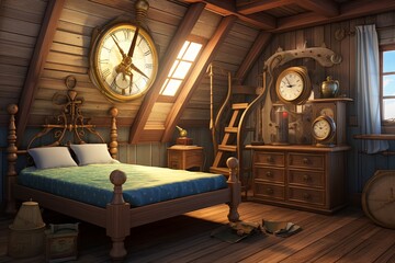 Nautical Ship Captain's Quarters: Vintage Telescope, Ship's Bell Clock, Sea-Inspired Artwork Ideas