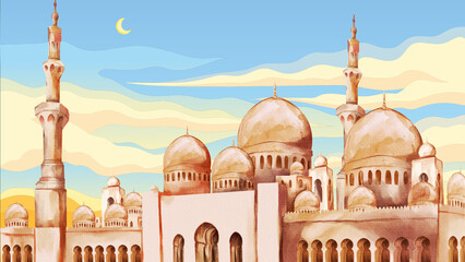 art painting of the Grand Mosque of Mecca with a bright blue sky