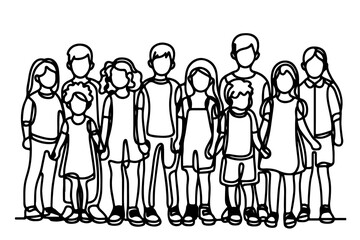 One continuous line drawing of a group of children holding each other's hands. Doodle linear drawing. Happy children's day concept on white. vector