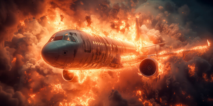 Background with a burning plane crashing in the air.