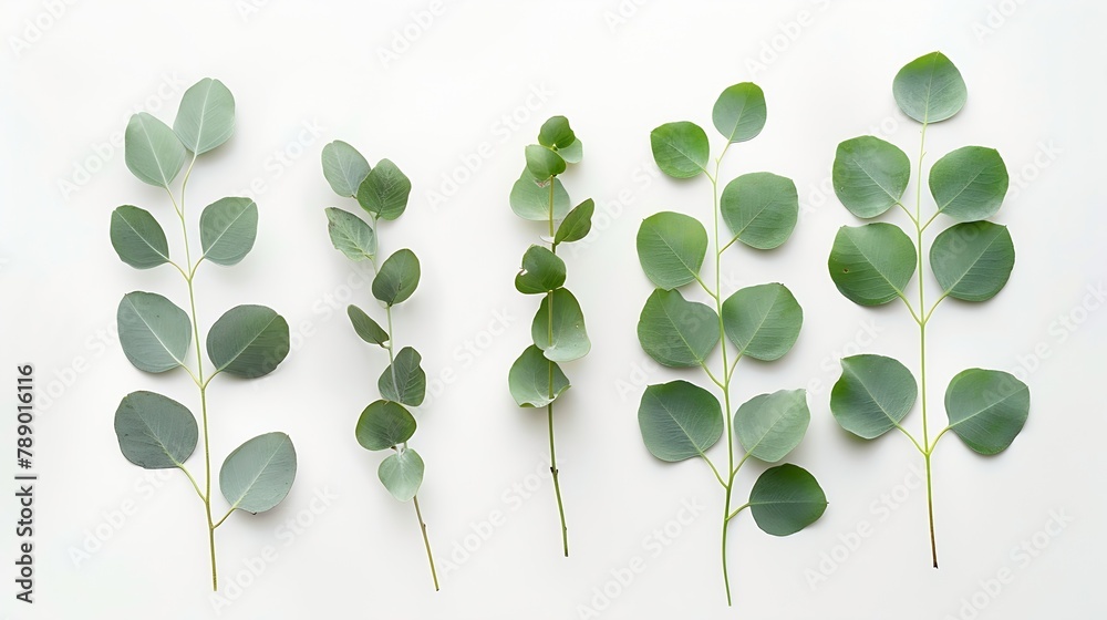 Poster green leaves eucalyptus isolated on white background flat lay top view : generative ai