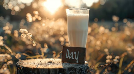  Glass of milk on wooden table over blur blue sky with sunset background,  Glass of milk on a wooden table in the garden on world milk day, Glass of milk on a wooden table in the field at sunset