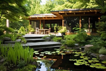 Obraz premium Tranquil Japanese Koi Pond Patio Designs: Captivating Japanese Garden Serenity