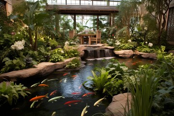 Fototapeta na wymiar Tranquil Japanese Koi Pond Patio Designs: Serene Ambiance and Peaceful Garden Oasis