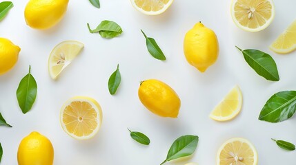 Creative layout made of lemon and leaves Flat lay Food concept Lemon on white background : Generative AI