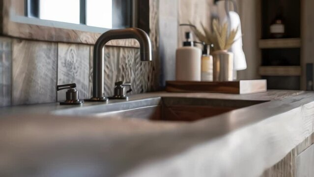 The bathroom features a weathered wood vanity with a sleek metal sink and faucet. The woods distressed finish adds a touch of vintage charm while the metal accents bring a contemporary .