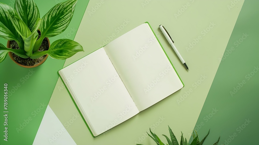 Fototapete office notebook with blank pages lying open on two tone or bicolor green and white background with l
