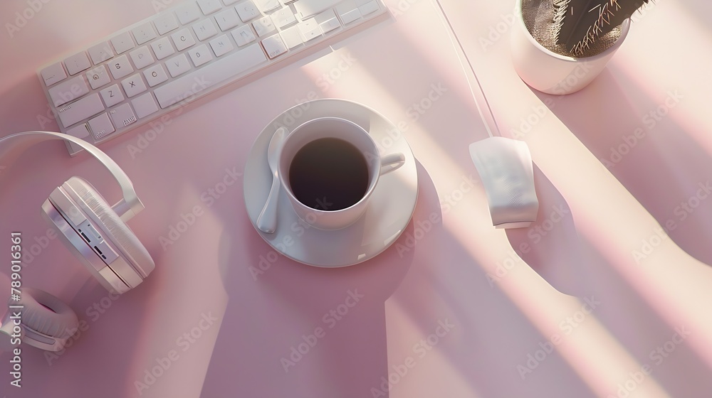 Aufkleber neutral minimalist flat lay scene with coffee keyboard headphones and cactus : generative ai