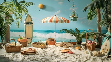 An Assortment of Summer Symbols Arranged on a Soft White Sand Beach with Turquoise Ocean and Palm Trees in the Background