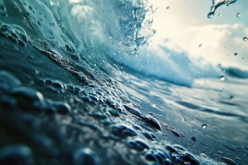 Close-up view of water surface with clear ripples and droplets. - obrazy, fototapety, plakaty