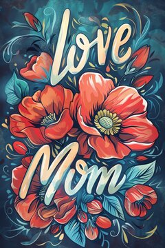 Artistic lettering I love mom with a detailed closeup of blooming flowers for a warm touch