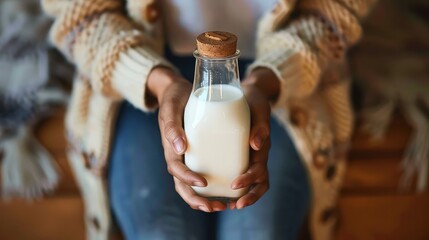 female  Holding Bottle Of Hemp Milk, Cropped shot of woman holding glass bottle of milk isolated on white background, Woman with bottle of fresh milk in hand at world milk day