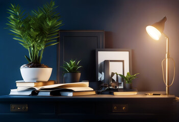 office plant stationery living picture books decor shelf interior white poster blue wall dark business blank Creative modern supplies frame day copy objects bright background desk mock minima