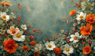 White and red flowers on a blurred background.