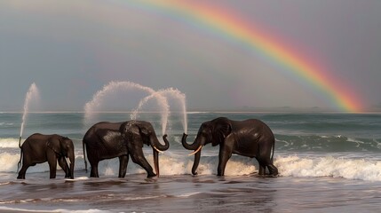 Playful Elephant Family Frolicking in Ocean Waves Under Vibrant Rainbow Backdrop
