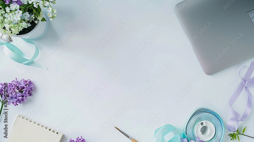 Poster flat lay top view office table desk workspace with paintbrush laptop lilac flowers bouquet spool wit