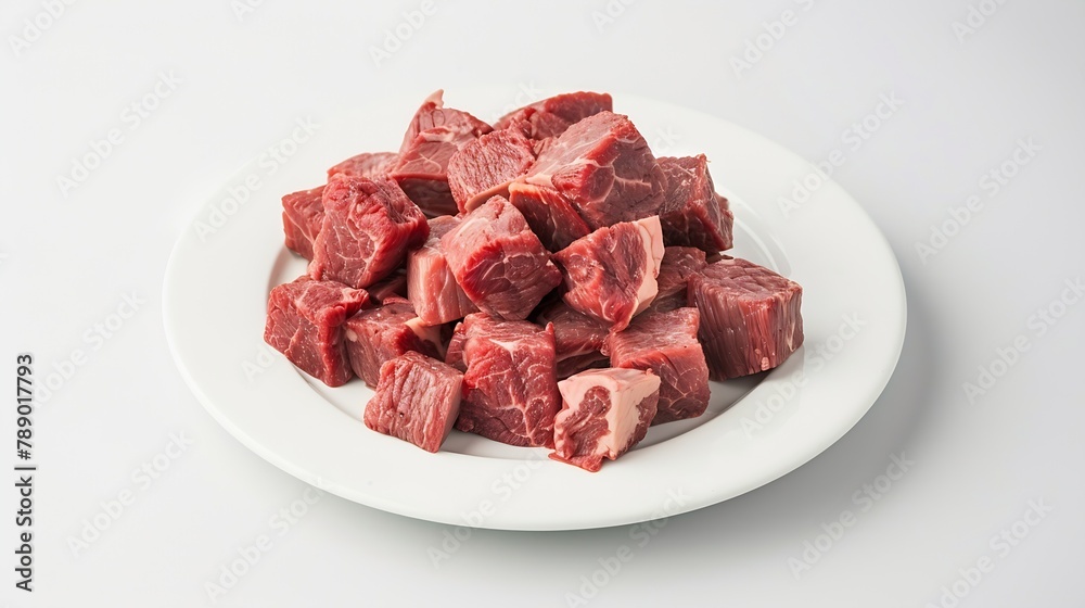Poster the beef is cut into cubes and placed on a white plate isolated on white : generative ai