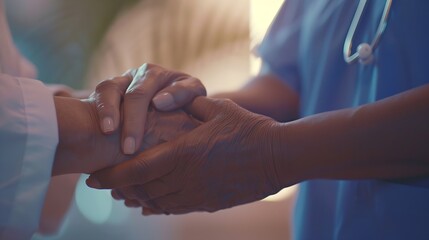 Close up of african american doctor and senior caucasian patient holding hands : Generative AI - Powered by Adobe