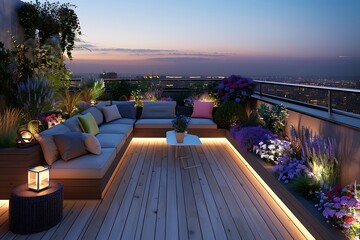 Rooftop with Vibrant flower beds meet cozy seating and twinkling fairy lights, transforming your...