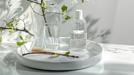 A round dish decorated with a white towel cotton pads wooden brush and a glass vase with tree branch Empty space for natural beauty product advertising : Generative AI