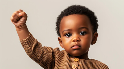 Resolute young child with clenched fist symbolizing strength and cultural pride, set against a soft gray backdrop