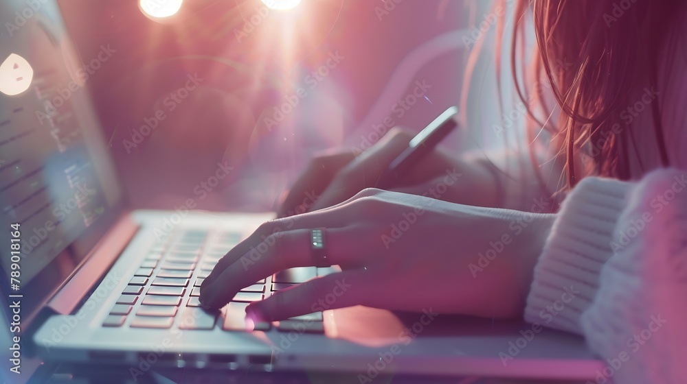 Aufkleber Young woman working with a laptop Female freelancer connecting to internet via computer Blogger or journalist writing new article Closeup of female hands typing on keyboard : Generative AI