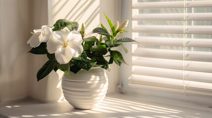 Fototapeta na wymiar Bright gardenia flowers basking in sunlight on a windowsill, representing purity and tranquility at home