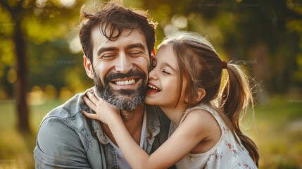 Affectionate father with beard receiving a loving kiss on the cheek from his smiling young daughter outdoors