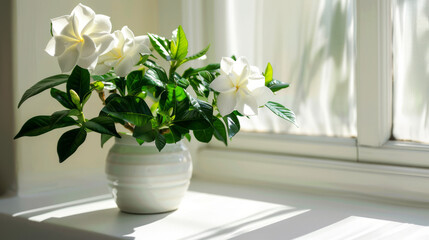 Fototapeta na wymiar Bright gardenia flowers basking in sunlight on a windowsill, representing purity and tranquility at home